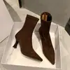 Botines de tacón alto con punta fina de estilo coreano para mujer, nuevo estilo otoño e invierno 2023, de ante con cremallera y tacón de aguja, botines tipo calcetín elásticos ajustados