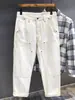 Moda Urbana Americana Parcheado Ropa de Trabajo Jeans Blanco Crudo para Hombre, Pantalones Largos Casuales Rectos Holgados para Primavera y Verano