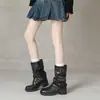 Botas de vaquero occidentales retro de suela gruesa para mujer, botines plisados, estilo otoño e invierno, hebilla de cinturón adelgazante, tacón grueso, botas de media pantorrilla