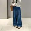 Calça jeans com pernas de palito Zedaijiai! Bordado de renda retrô, algodão lavado, cintura alta, modelador, perna larga, jeans casual versátil