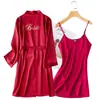 Vestido de Madrinha roupão matinal longo roupão matinal emocional feminino noiva madrinha seda festa pijama roupa presente de mão alça