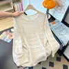 Top de punto fino y elegante para principios de otoño, con diseño calado y transparente, de manga larga, para mujer, que disimula la grasa y estiliza.