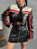 Top Corto de Cuero Estilo Americano Cuello Alto para Mujer 2024 Otoño e Invierno Nuevo Fresco Chaqueta con Cremallera y Solapa a Rayas