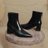 Botas de Salto Alto Botas Curtas de Bico Fino Femininas Botas Slim 2025 Novo Outono e Inverno Botas Marrons Salto Grosso Cano Médio Francês de Couro