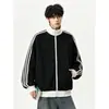 Sudadera cárdigan de punto gofre deportivo estilo americano, unisex, nueva colección de otoño, corte holgado, chaqueta casual a rayas con cuello alto