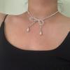 Collar de Cadena para Clavícula con Cuentas de Perlas y Lazo Estilo Ins Coreano Diseño Chic
