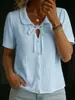 Amazon Europa e América Nova Roupa Feminina de Comércio Exterior Cor Sólida Gola Lapela Manga Curta Solta Camisa Casual Botão Cadarço Top
