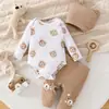 Conjunto de Tres Piezas para Bebé Niño Recién Nacido Transfronterizo Primavera y Otoño: Mameluco de Manga Larga con Dibujo de Oso + Pantalones Largos de Canalé + Gorro