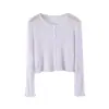 Cárdigan de Punto Multicolor con Borde Fruncido para Mujer, Cuello Redondo de un Solo Botón, Delgado Protector Solar, Prenda Exterior Corta al por Mayor