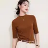 [Cuello medio, mangas de tres cuartos, camiseta de mezcla de lana] Capa base elegante, estilo de lujo discreto, corte ajustado, favorecedora de la figura y top versátil