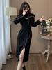 Vestido negro Mujer Primavera y Otoño 2025 Nuevo Base Francés Manga Larga Falda Sudor forrado de vellón Falda Larga Cuello Semi-alto