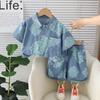 Guapo Traje de Mezclilla de Manga Corta Estilo Chino para Niños 2024 Verano Nuevo Holgado Casual Moda de Verano para Niños y Niñas Bebé