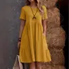 Vestido de Algodón y Lino para Mujer, Color Sólido, Cuello Redondo, Holgado, Estilo Retro, Bolsillo, Transfronterizo Verano 2025 Europa y América, Estación Independiente Temu