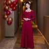 Vestido Rojo Tostado de Alta Gama para la Novia, Vestido de Compromiso y Boda Elegante y Clásico de Manga Larga, Vestido Ajustado, Falda Larga para la Anfitriona