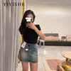 Mini Saia Jeans Vintage Feminina Verão 2024 Nova Cintura Alta Anti-reflexo Linha A Saia Quente para Hip