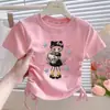 2026 Verano Elegante Nuevo Rosa Dibujo Animado Lindo Bebé Cordón Manga Corta Hermosas Niñas Seda de Hielo Manga Corta Tendencia Top
