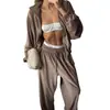 Conjunto feminino casual novo para comércio exterior transfronteiriço europeu e americano, cardigã de manga comprida com zíper e calça de moletom de cor sólida, conjunto de duas peças