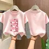Camiseta de manga larga a rayas de algodón puro para niña, nueva colección de otoño 2026 estilo coreano para niños, look versátil de dos piezas, para niños de talla mediana y grande