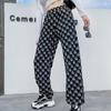 Calça Jogger Feminina S335 Estilo Hong Kong Calças Casuais Cintura Alta Reta Estampa de Letras Perna Larga Calças de Celebridade da Internet Comprimento no Chão Estilo Fino
