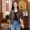 Chaqueta de Cuero Retro de Cuello Alto Corto para Mujer, Nueva Moda Exquisita de Otoño, Abrigo de Cuero Holgado Versátil