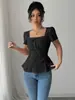 Roupas Femininas Transfronteiriças Europeias e Americanas Moda Verão Elegante Casual Camisa de Renda Gola Quadrada Laço Manga Curta Top