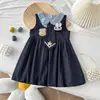 Vestido de Policial Coelho para Meninas Verão Novo Estilo Coreano Moderno Sem Mangas Colete Vestido Princesa Vestido Botão de Flor
