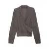 Top de Diseño Estilo Francés Wanwei para Mujer 2026 Otoño Nuevo Estilo Cuello Diagonal Cuello en V Tejido de Punto Fino Brillante Manga Larga 6043-1