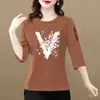 Comercio Exterior Transfronterizo Últimas Existencias Gran Marca Camiseta de Manga Tres Cuartos Atuendo de Moda Camiseta Elegante Ropa para Madres de Mediana Edad y Mayores