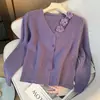 Cardigan de Punto Estilo Coreano Suave con Flor Tridimensional de Cuello en V Otoño e Invierno Nuevo Suéter Base Suelto Suave tipo cera para Mujer