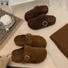 Versión de Piel de Vaca Suela Gruesa Estilo Retro Zapatos Birkenstock para Mujer Calzado Cálido de Algodón con Felpa Puntera Cerrada Medias Zapatillas Mulas para Exteriores
