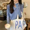 Entrega en una sola pieza top azul niebla cuello en V mujer primavera/otoño/invierno top adelgazante estilo perezoso camisa básica de punto