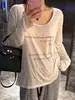 Camiseta Blanca Fina de Manga Larga con Estampado de Letras, Estilo Holgado y Relajado Estilo Americano para Mujer, Nuevo Top de Verano