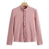 Camiseta Feminina Manga Longa Gola Meio Alta com Pedraria Estilo Chanel Nova Coleção Primavera 2026 Versão Coreana Slim Fit Top 207-1