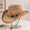 Sombrero vaquero de paja tejida con diseño calado estilo retro americano para hombre y mujer, sombrero vaquero versátil para protección solar de verano