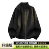 Jaqueta baseball estilo americano de corte solto com gola alta, jaqueta masculina vintage com zíper desconstruído e costura canelada