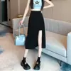 Falda Pantalón Irregular Negra para Mujer Primavera y Verano Corta Mediana Anti-luz Forma A con Abertura Ajustada a la Cadera