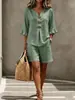 Novo conjunto de top e shorts casuais de algodão com botões, gola V e mangas de três quartos com babados, para comércio exterior transfronteiriço europeu e americano