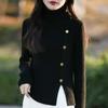 Nuevo Estilo Transfronterizo Otoño e Invierno Suéter de Punto de Cuello Alto a Rayas con Botones para Mujer Jersey Adelgazante Camiseta Básica de Punto Color Sólido con Abertura