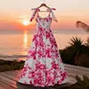 Popular vestido largo de tirantes con estampado floral rosa transfronterizo europeo y americano, entallado en la cintura, adelgazante, elegante, vestido de línea A estilo resort