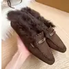 Medias zapatillas de pelo, sin cordones, con hebilla metálica, forro polar, punta cuadrada, tacón plano, para mujer, otoño e invierno