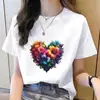 Camiseta Casual Feminina Moda Coreana Gola Redonda Estampa Floral Tendência Ins Manga Curta