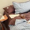 Nuevo Juego de Cuatro Piezas Rayado de Algodón Puro 2026, Algodón Lavado, Algodón Puro, Funda Nórdica con Borde Festoneado Vintage, Ropa de Cama Color Morandi