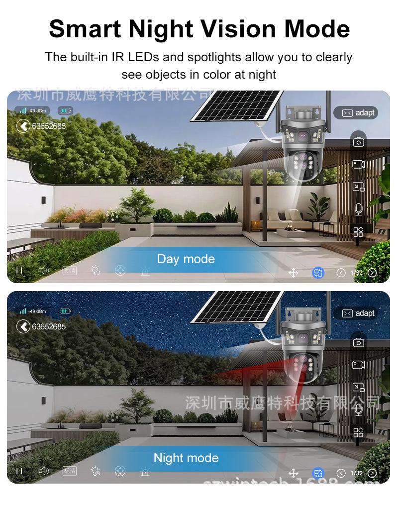 太阳能4G全景V380监控器无线手机远程室外双镜头枪球联动双