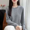 Suéter de punto de estilo francés para mujer, con cuello redondo y decoración de perlas, de manga larga, estilo pullover, corte holgado, adelgazante, cálido como capa base