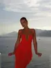 Vestido Largo de Verano para Mujer, Estilo Resort Costero Transfronterizo, Rojo, Cuello en V, Tirantes, Doble Capa de Gasa, Aberturas en la Espalda, Escote de Espalda Descubierta, Abertura Lateral