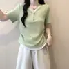 2026 Verão Novo Estilo Tamanho Plus Size Feminino Estilo Coreano Color Block Renda Decote V Cintura Fina Curvo Manga Curta Camiseta Top
