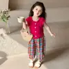 Conjunto de Verão para Meninas 2026 Moda Novo Estilo Coreano Fino Tendência Estiloso Conjunto de Duas Peças Bebê Manga Curta Calça Xadrez