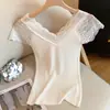 Blusa de tricô com retalhos de renda cor de damasco, decote V, manga curta para mulheres, novo estilo de verão, blusa interna elegante e justa