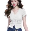 Camiseta Feminina de Verão com Decote V Francês e Renda, Manga Curta, Cor Pura, Única, Rejuvenescedora, Top Curto Moderno