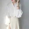 Camisa de Algodón con Rayas Verticales Oscuras Estilo Retro Francés, Cuello Alto Pequeño, Mangas de Linterna, Holgada, Moderna y Artística